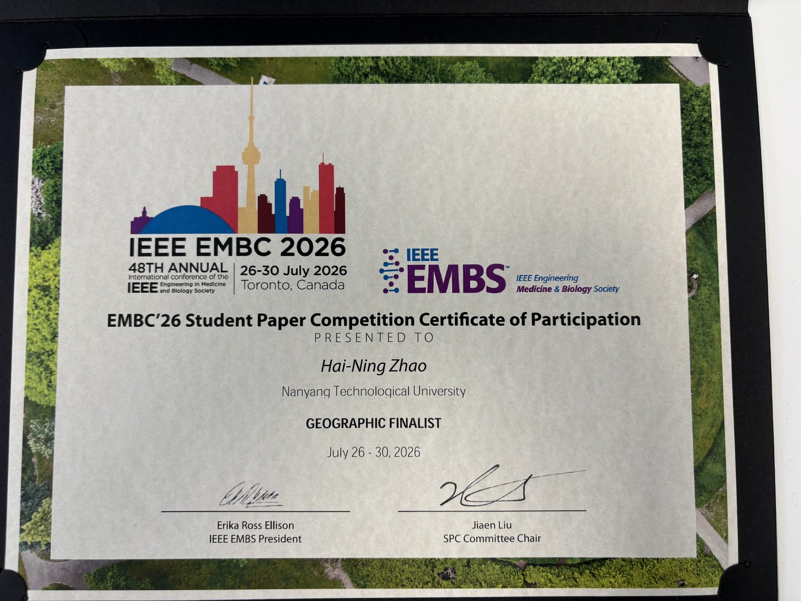 EMBC 2026 Student Paper Competition Geographic Finalist certificate presented to Hai-Ning Zhao